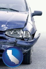 california map icon and an automobile accident, hopefully covered by insurance