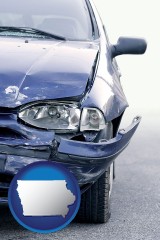 ia map icon and an automobile accident, hopefully covered by insurance
