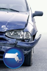 ma map icon and an automobile accident, hopefully covered by insurance