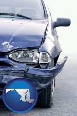 md map icon and an automobile accident, hopefully covered by insurance