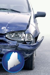 me map icon and an automobile accident, hopefully covered by insurance