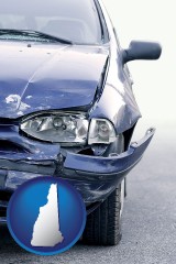 new-hampshire map icon and an automobile accident, hopefully covered by insurance