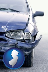 new-jersey map icon and an automobile accident, hopefully covered by insurance