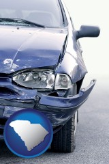 sc map icon and an automobile accident, hopefully covered by insurance