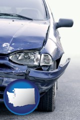 washington map icon and an automobile accident, hopefully covered by insurance
