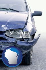 wi map icon and an automobile accident, hopefully covered by insurance