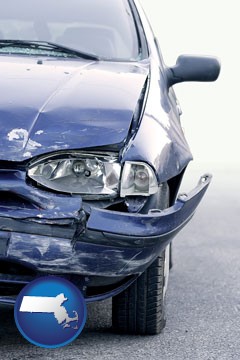 an automobile accident, hopefully covered by insurance - with Massachusetts icon