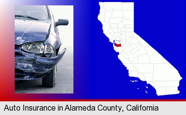 an automobile accident, hopefully covered by insurance; Alameda County highlighted in red on a map