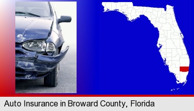 an automobile accident, hopefully covered by insurance; Broward County highlighted in red on a map