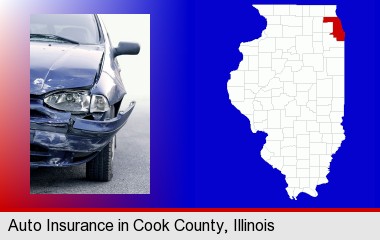 an automobile accident, hopefully covered by insurance; Cook County highlighted in red on a map