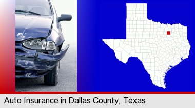 an automobile accident, hopefully covered by insurance; Dallas County highlighted in red on a map