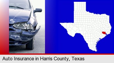 an automobile accident, hopefully covered by insurance; Harris County highlighted in red on a map