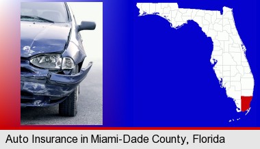 an automobile accident, hopefully covered by insurance; Miami-Dade County highlighted in red on a map