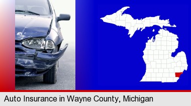 an automobile accident, hopefully covered by insurance; Wayne County highlighted in red on a map