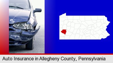 an automobile accident, hopefully covered by insurance; Allegheny County highlighted in red on a map