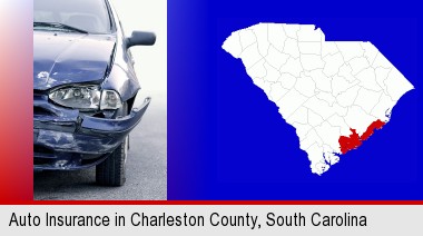 an automobile accident, hopefully covered by insurance; Charleston County highlighted in red on a map