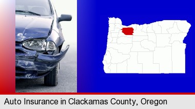 an automobile accident, hopefully covered by insurance; Clackamas County highlighted in red on a map