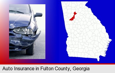 an automobile accident, hopefully covered by insurance; Fulton County highlighted in red on a map