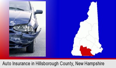 an automobile accident, hopefully covered by insurance; Hillsborough County highlighted in red on a map