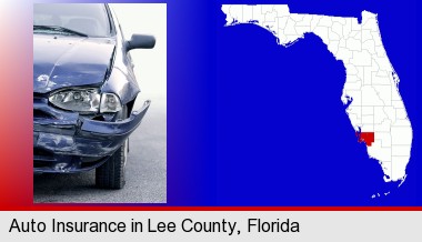 an automobile accident, hopefully covered by insurance; Lee County highlighted in red on a map