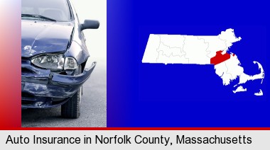 an automobile accident, hopefully covered by insurance; Norfolk County highlighted in red on a map