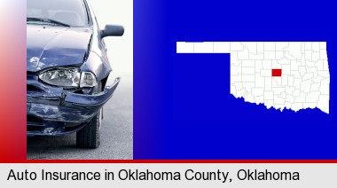 an automobile accident, hopefully covered by insurance; Oklahoma County highlighted in red on a map