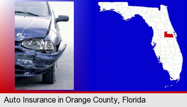 an automobile accident, hopefully covered by insurance; Orange County highlighted in red on a map