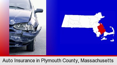 an automobile accident, hopefully covered by insurance; Plymouth County highlighted in red on a map