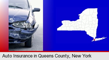 an automobile accident, hopefully covered by insurance; Queens County highlighted in red on a map