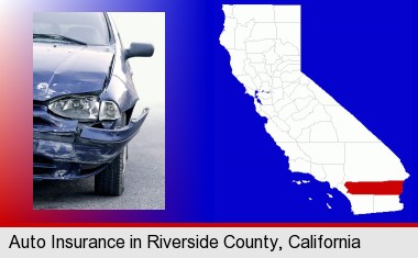 an automobile accident, hopefully covered by insurance; Riverside County highlighted in red on a map