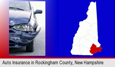 an automobile accident, hopefully covered by insurance; Rockingham County highlighted in red on a map