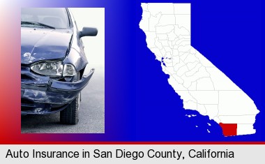 an automobile accident, hopefully covered by insurance; San Diego County highlighted in red on a map