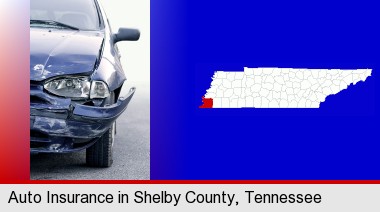 an automobile accident, hopefully covered by insurance; Shelby County highlighted in red on a map