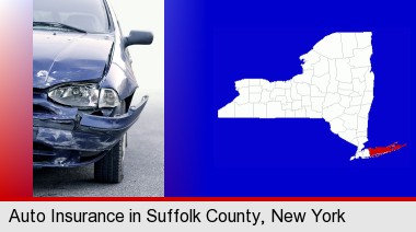 an automobile accident, hopefully covered by insurance; Suffolk County highlighted in red on a map